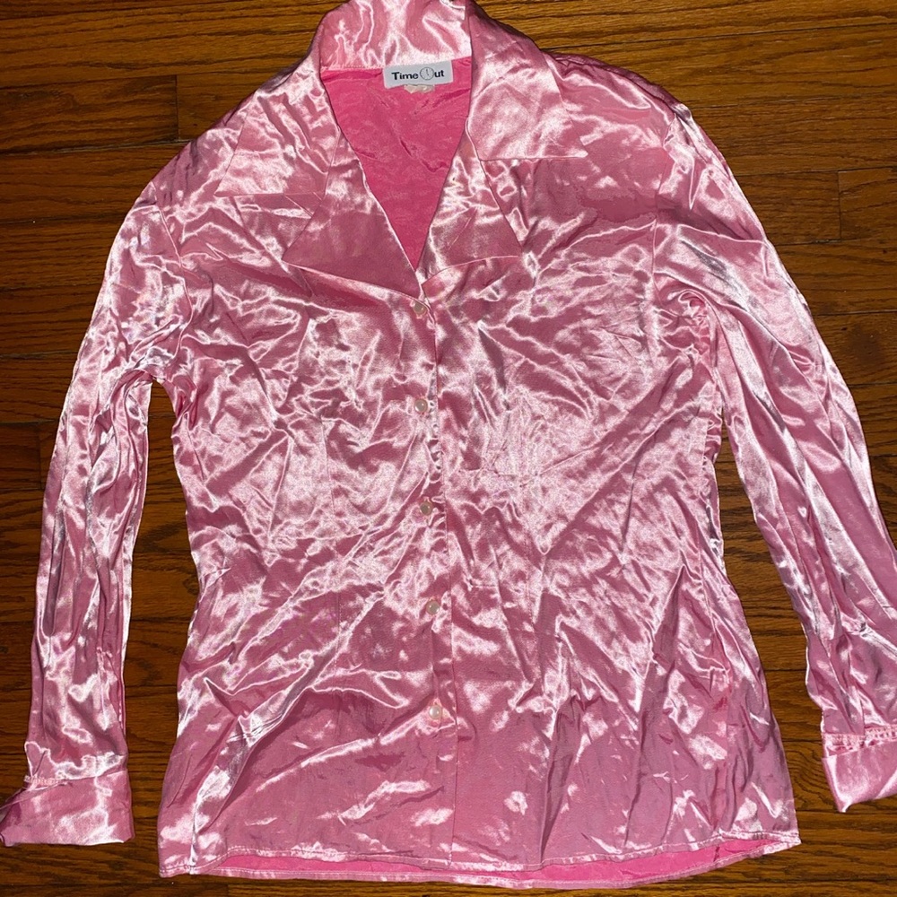 Vintage 70s/80s Retro Y2K Steampunk •Time Out•liquid pink Secretary Blouse Top M - Picture 10 of 10